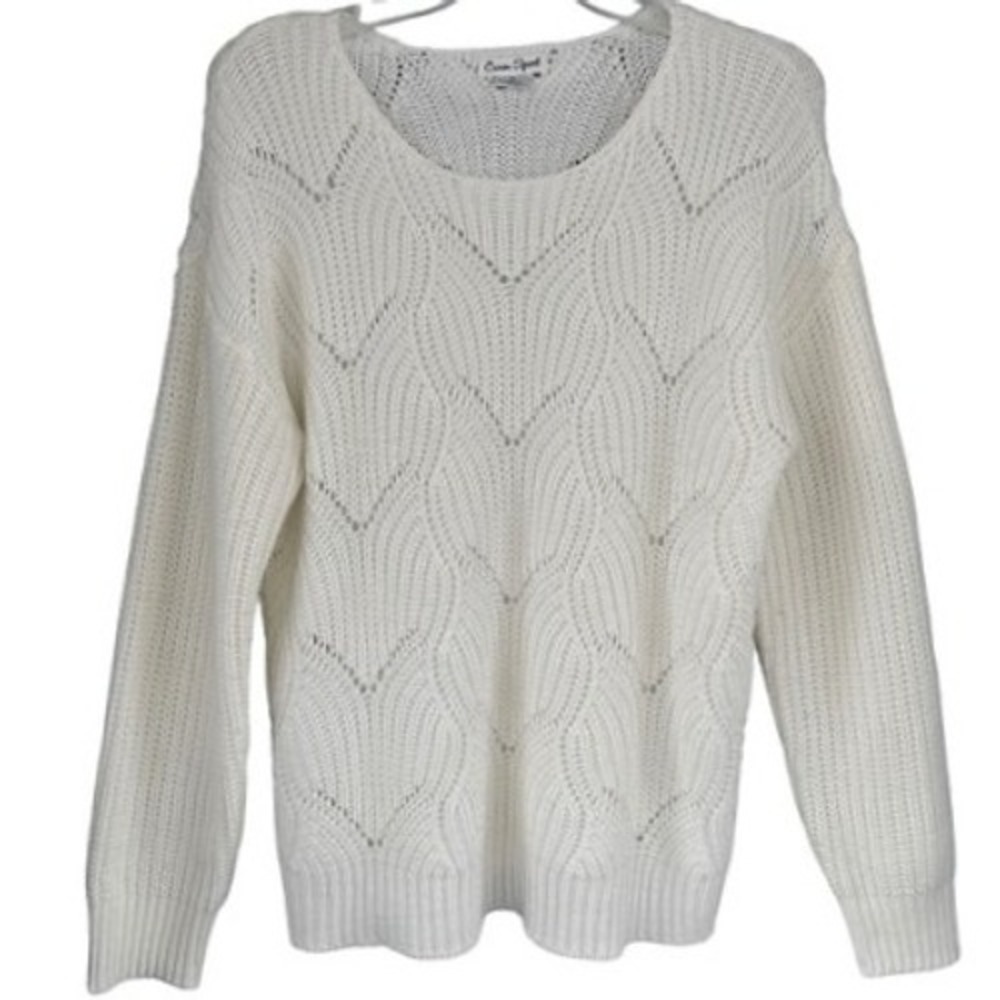 T4 Caren Sport Boho 2X White Textured Knit Sweater Long Sleeve Pullover Top
